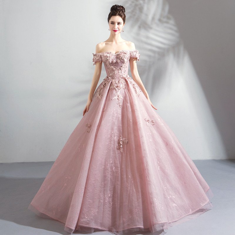 Pink Ball Gown Prom Dress Lace Flower ...