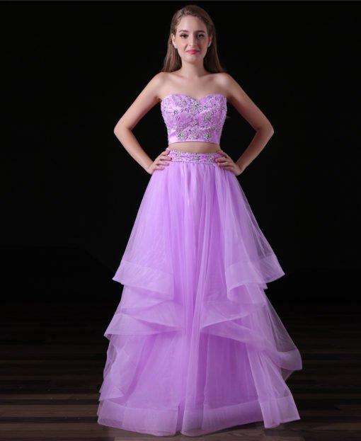 Purple Two Piece Prom Dress Strapless Long Girls Gown