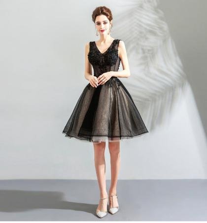 v neck black cocktail dress-0885-06