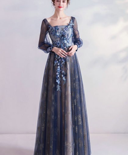 blue prom dress with sleeves 990-03