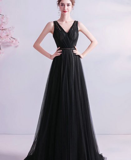 v neck black prom dress 1045-007