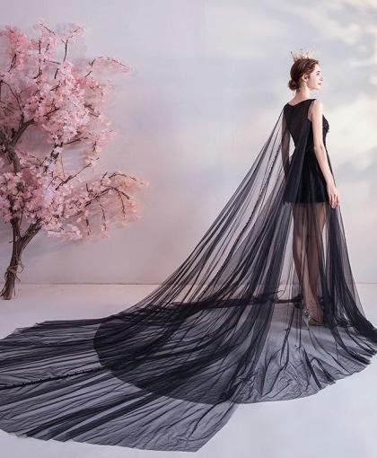 black prom dress with cape 1080-001
