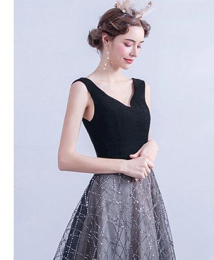 black v neck formal dress 1122-007