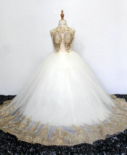 gold and white flower girl dresses 1106-004
