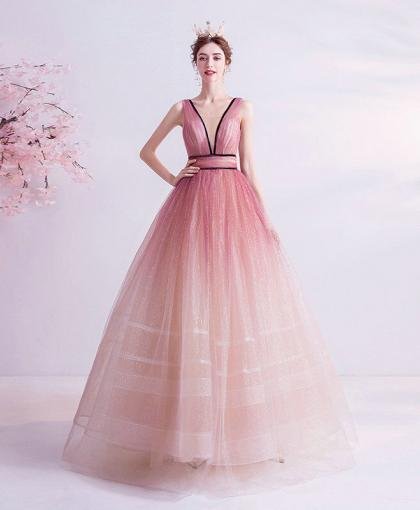 pink v neck prom ball gown 1114-4