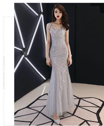 grey mermaid prom dress 1127-006