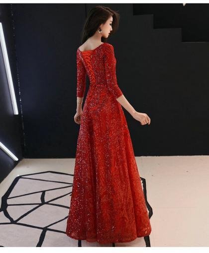 red prom dress with sleeves 1130-003