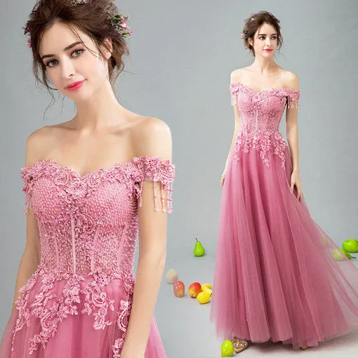 pink off the shoulder formal dress