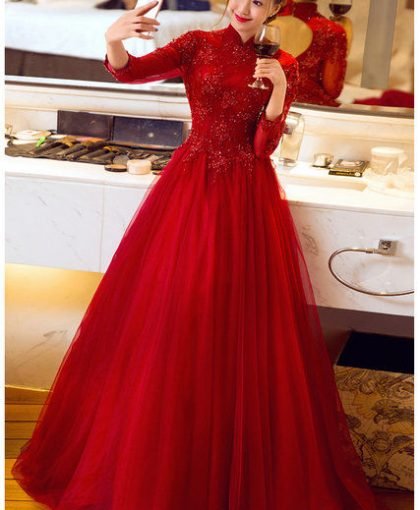 red evening gown long sleeve
