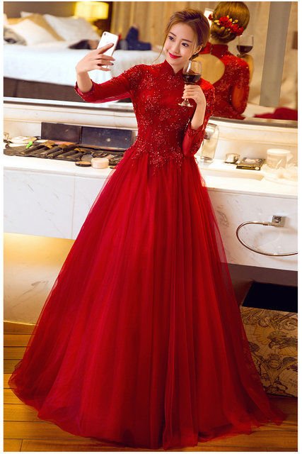 red evening gown with sleeves