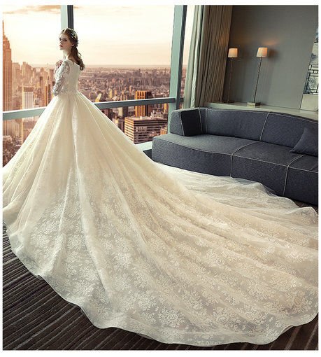 Lace Bridal Gowns With Long Train Long Sleeves Wedding Dress - Cheap ...