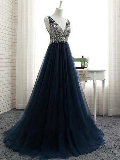 V Neck A Line Dark Blue Evening Party Dress Backless Wholesale