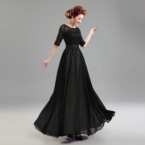 A Line Black Long Evening Dress With Sleeve