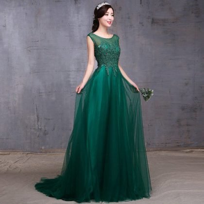 A Line Green Evening Gown With Train Formal Evening Dress Online