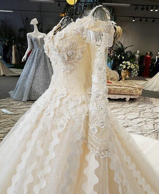Long Sleeve Wedding Dress Haute Couture Crystal Bridal Gown Online