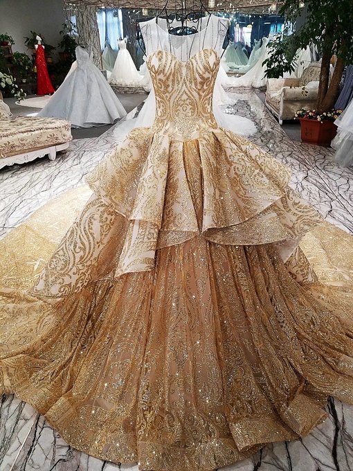 gold bridal train dresses