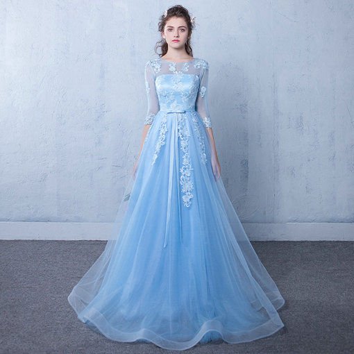 Affordable A Line Prom Dress Long Sleeve Light Blue Party Dress