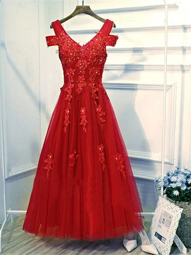 V Neck Lace Red Cocktail Dress For Wedding For Sale