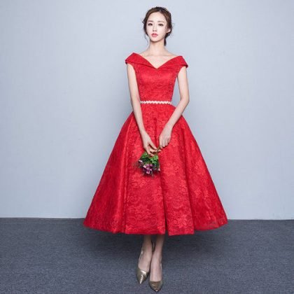 Off Shoulder Aline Tea Length Red Pink Cocktail Prom Dresses