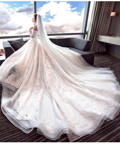 Affordable Long Sleeve Wedding Dress Lace Wedding Gown Champagne ...