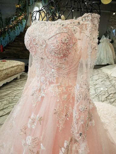 Long Sleeve Wedding Dress Pink Haute Couture Bridal Dress With Train