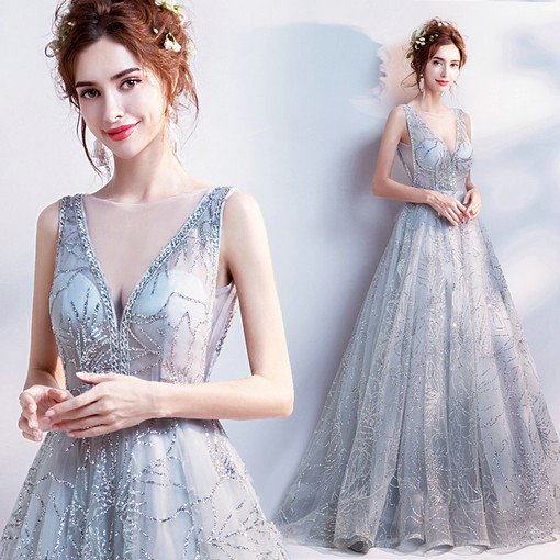 A Line Grey Prom Dress Plus Sizes V Neck Wholesale Under 100