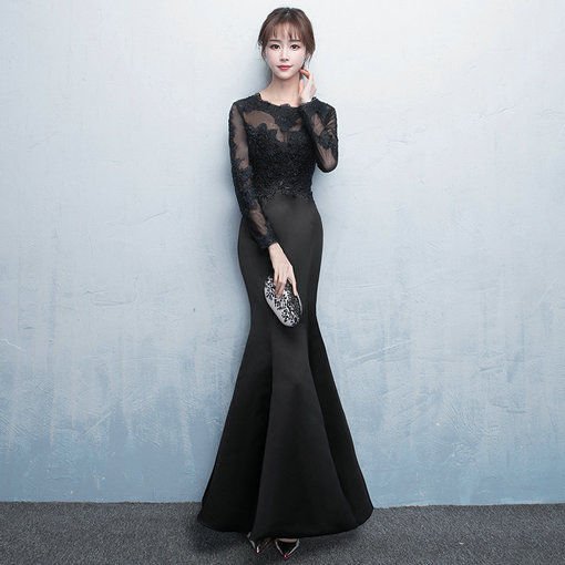 Black Prom Dress Mermaid Long Sleeve Evening Gown