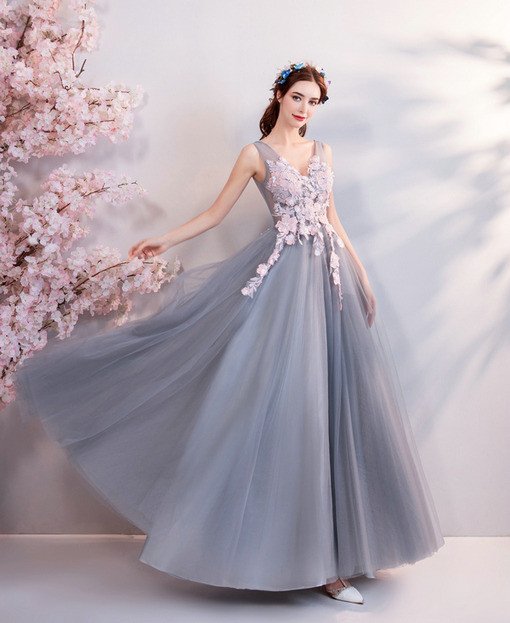 A Line Evening Dress Grey Long Prom Dress Wholesale
