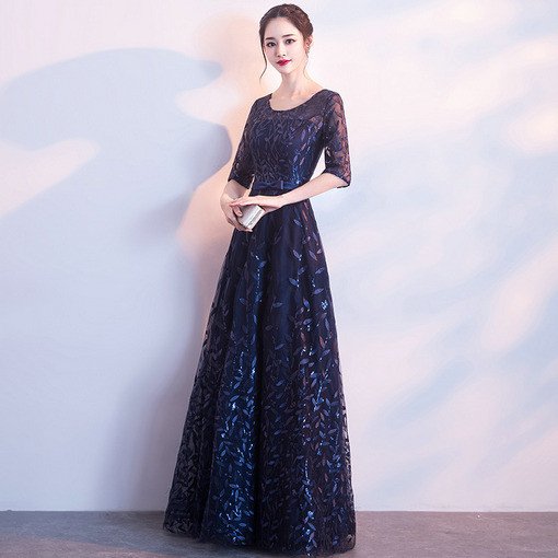 Dark Blue Prom Dress Middle Length Sleeve Evening Dress