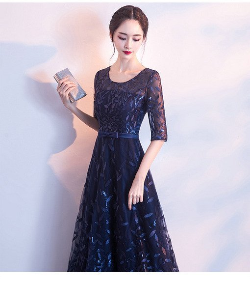 Dark Blue Prom Dress Middle Length Sleeve Evening Dress