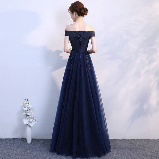 Long Prom Dress Blue Off The Shoulder A Line Bridesmaid Dress