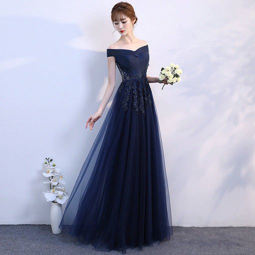 Long Prom Dress Blue Off The Shoulder A Line Bridesmaid Dress