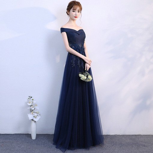 Long Prom Dress Blue Off The Shoulder A Line Bridesmaid Dress