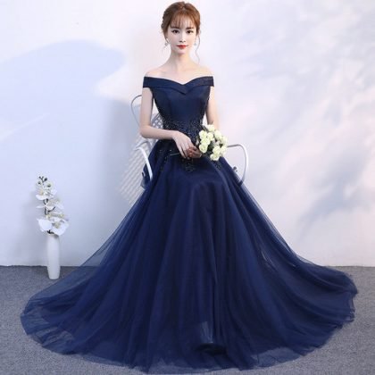 Long Prom Dress Blue Off The Shoulder A Line Bridesmaid Dress