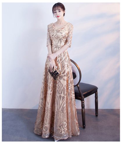 Gold Prom Dress Long V Neck A Line Evening Party Dress