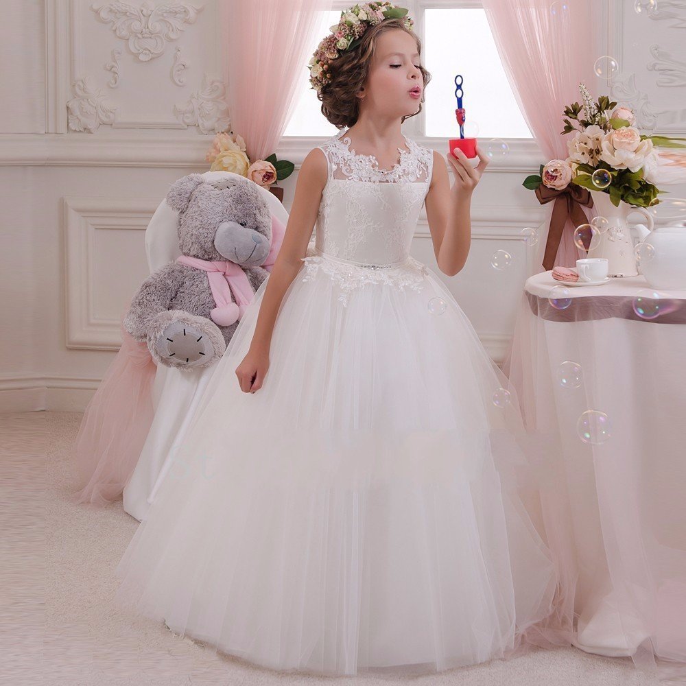 Little Girl Wedding Dress White Lace Ball Gown Flower Girl Dress