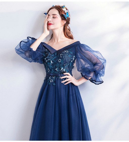 Prom Dress With Sleeves Plus Size Dark Blue A Line
