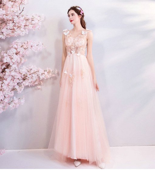 V Neck Prom Dress Pink A Line Prom Party Dress Sale