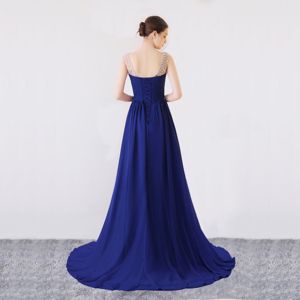 Blue Bridesmaid Dress A Line Chiffon Prom Dress Train