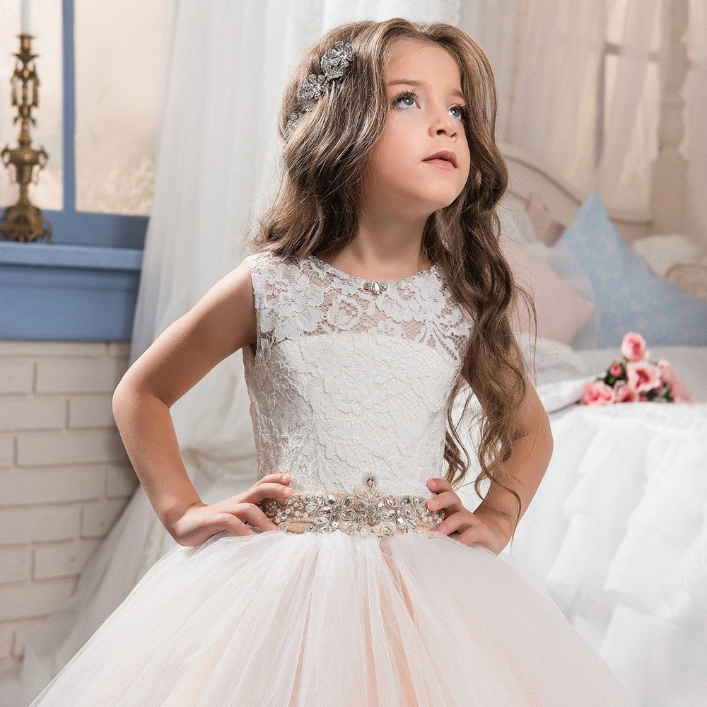 Blush Flower Girl Dresses Ball Gown White Lace Dress Sale
