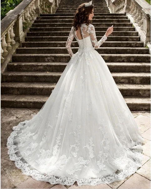 Lace Wedding Dress High Neck With Train Long Sleeve