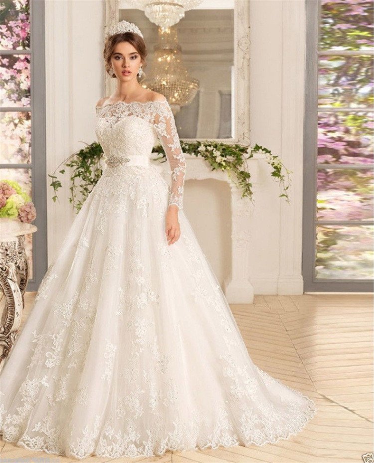 Lace Wedding Dress Ivory A Line Long Sleeves Off Shoulder 
