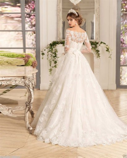 Lace Wedding Dress Ivory A Line Long Sleeves Off Shoulder