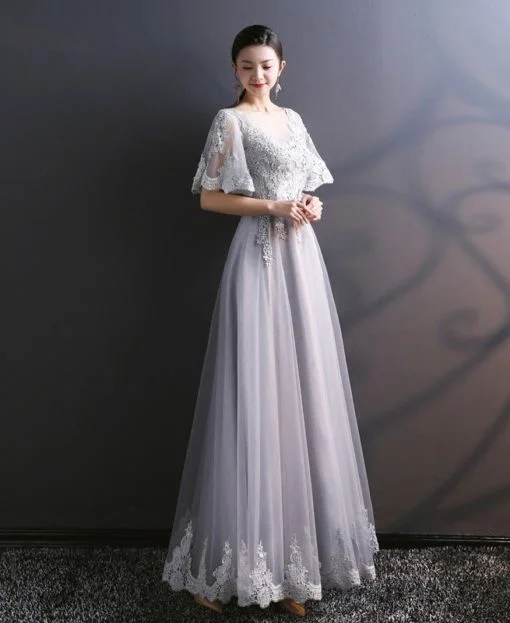 Light Grey Bridesmaid Dress A Line Long Lace Prom Dress