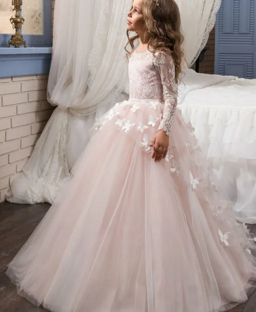 Flower Girl Dresses With Sleeves Light Pink Ball Gown Sale