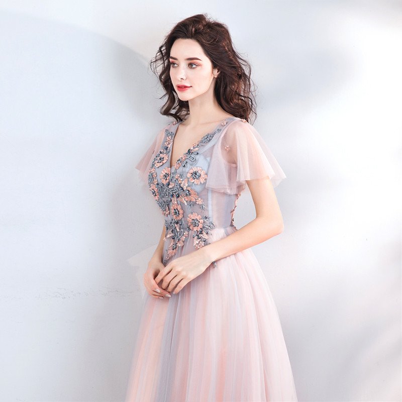 Light Pink Formal Dress V Neck A Line Long Prom Dress