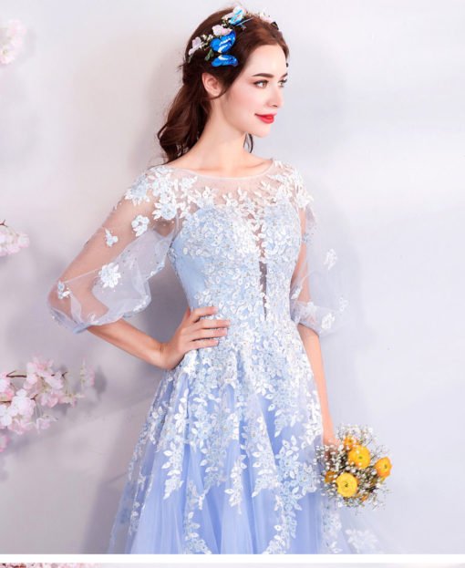 Sweet 15 Dresses Light Blue Sheer Lace With Sleeve