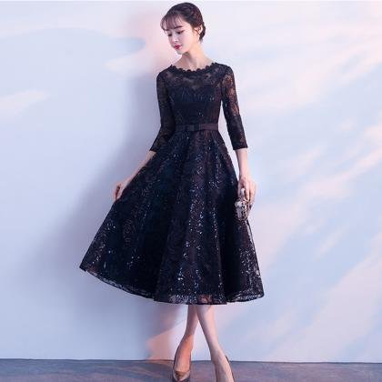 Black Prom Dress Tea Length Cocktail Dress With Sleeves