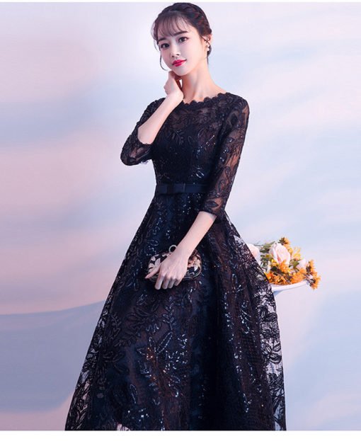 Black Prom Dress Tea Length Cocktail Dress With Sleeves