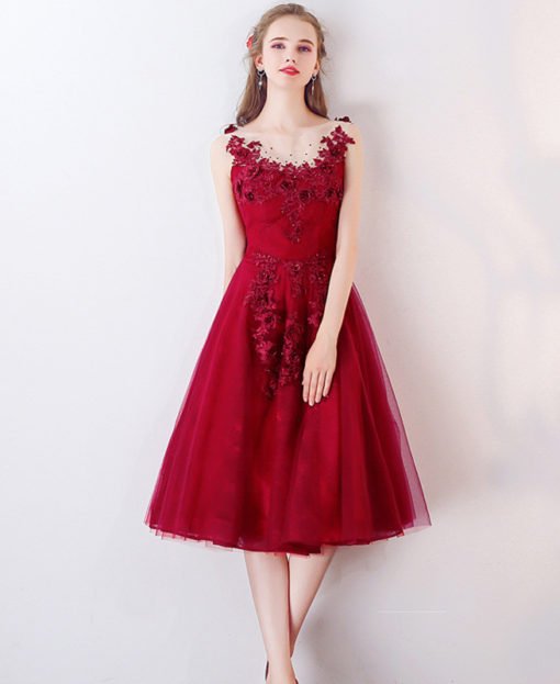 Knee Length Cocktail Dress Red Lace Short Prom Dress